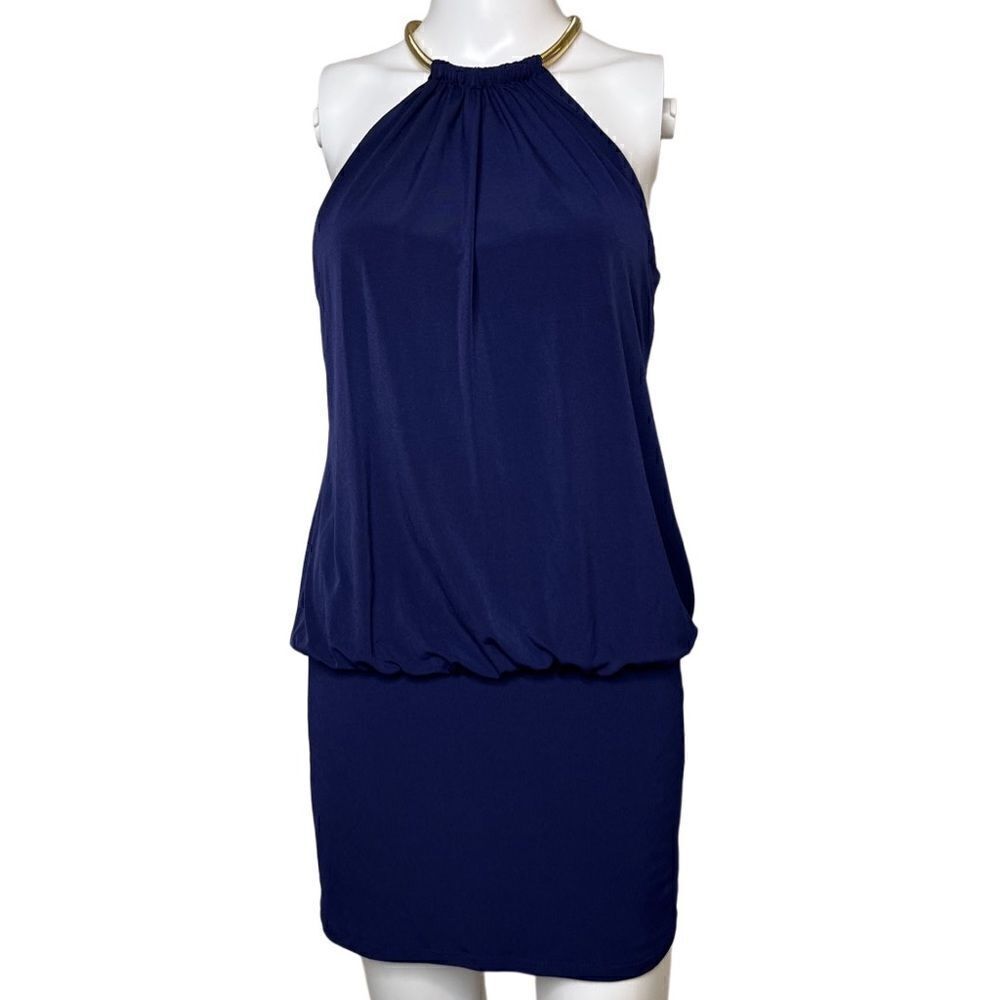 Laundry By Shelli Segal Women's Gold Chain Blouson Cocktail Dress Blue Size 4